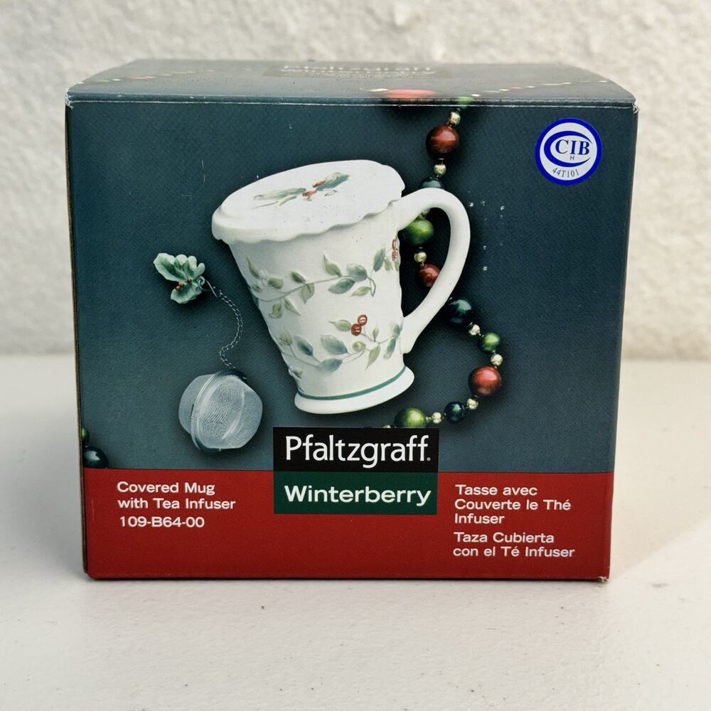 Pfaltzgraff Winterberry Covered Mug Christmas Cup Coaster Tea Infuser 12oz NIB